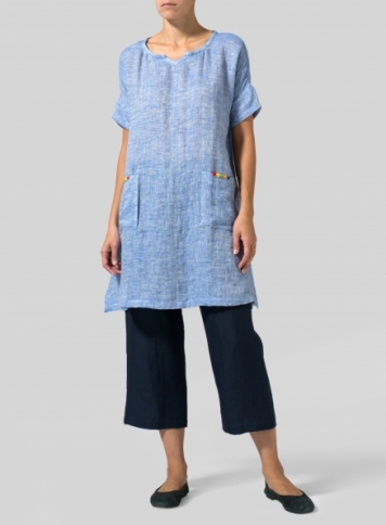 Blue White Double Cloth Linen Sweetheart Neckline S/S Tunics