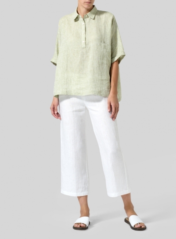 Light Olive Linen Classic Collar Short Sleeves Shirt Set