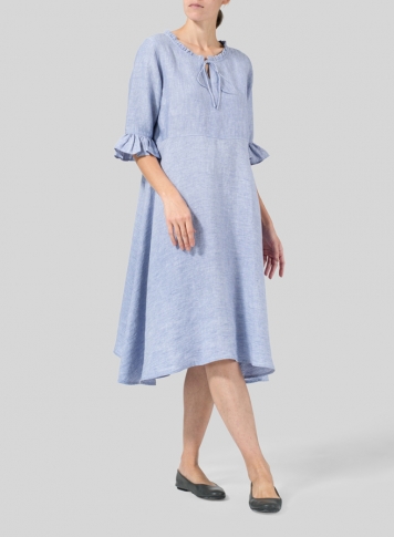 Two Tone Blue White Linen Ruffle Sleeves Long Dress