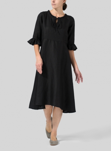Black Linen Ruffle Sleeves Long Dress