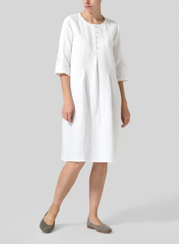 White Linen Embroidered Hemline Dress