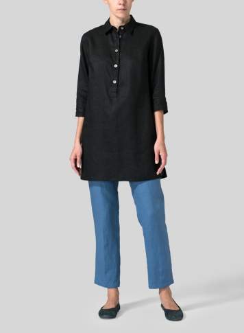 Black Linen Straight Fit Shirt Collar Tunic