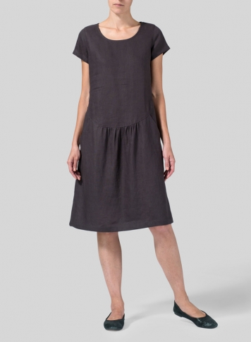 Graphite Linen Short Sleeves Knee-Length Dress