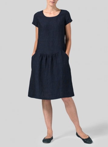 Denim Linen Short Sleeves Knee-Length Dress