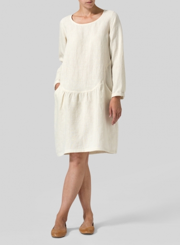Light Oat Linen Pleated-Waist Dress