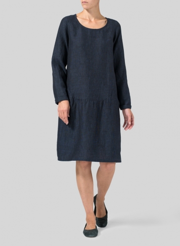 Denim Blue Linen Pleated-Waist Dress