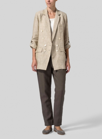 Khaki Beige Linen Double-Breasted Roll Sleeve Jacket