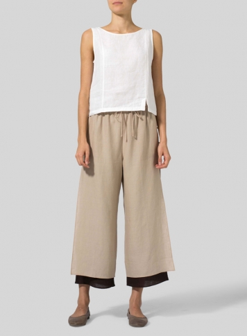 Beige Brown Linen Double-Layer Cropped Pants With Sea Shell Button