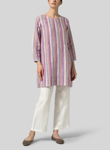 Multicolor Stripe Linen Long Sleeve Slip-On Shift Dress