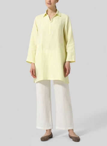 Lime Yellow Linen L/Sleeves V-Neck Tunic