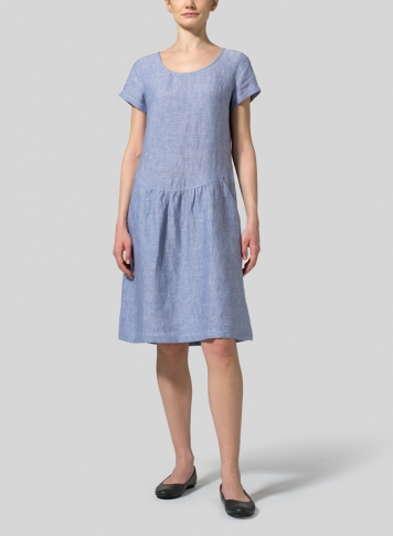 Two Tone Blue White Linen Short Sleeves Knee-Length Dress