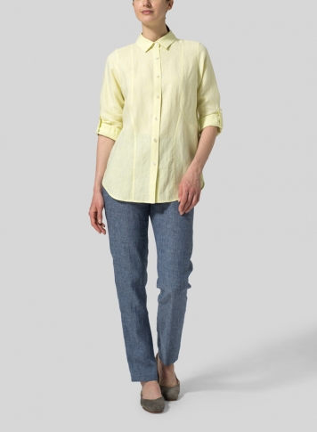 Lime Yellow Linen Long Sleeve Uneven Hem Shirt