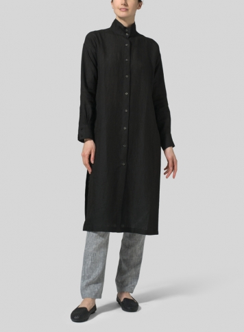 Black Linen High Stand Collar Long Shirt