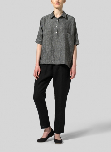 Two Tone Black Linen Classic Collar Short Sleeves Shirt