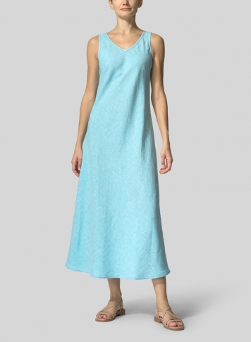 Turquoise Linen Bias Cut Sleeveless Long Dress