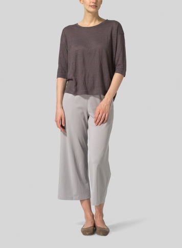 Taupe Gray Linen Three-Quarters Sleeve Knit Top