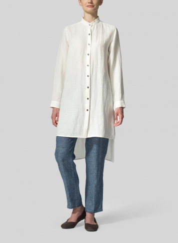 Soft White Linen Mandarin Collar Long Sleeve Jacket