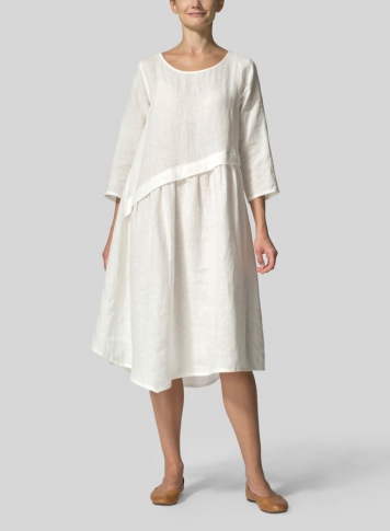 White Linen A-line Asymmetrical Hem Dress