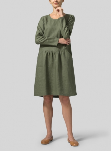 Khaki Green Linen Pleated-Waist Dress