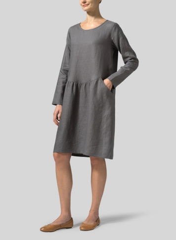 Gray Linen Pleated-Waist Dress