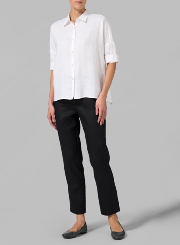 Linen White Crop Sleeve Boxy Shirt