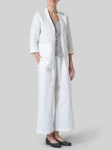 White Linen Handmade Knot Button Tapered Jacket