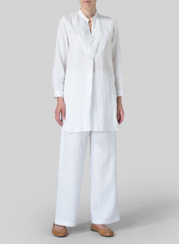 White Linen Tuxedo Front Long Blouse