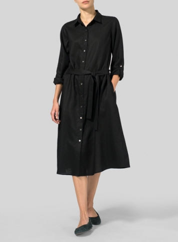 Black Linen Long-Sleeve Waist-Tie Dress
