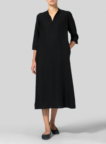 Black Linen V-neck Mandarin Collar Dress Tunic
