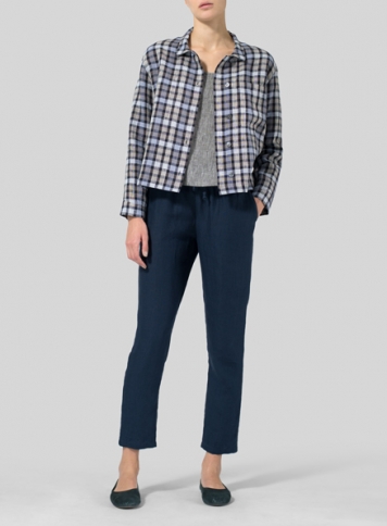 Checker Linen Cropped Shirt Jacket with Pockets