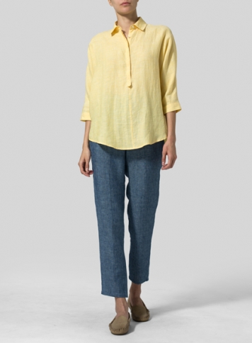 Soft Yellow Linen Half-Button Tunic