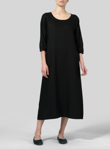 Black Linen Elbow Sleeve Long Dress