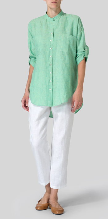 Two Tone Yellow Green Linen Mandarin Collar Blouse