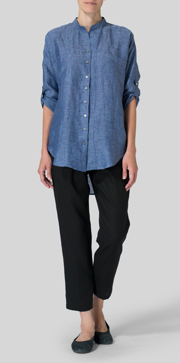 Azure Blue Linen Mandarin Collar Blouse