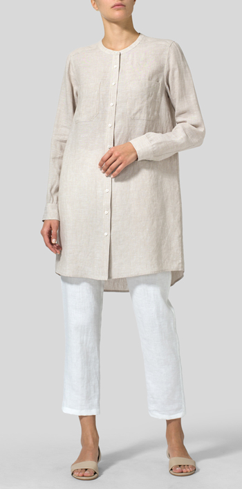 Ivory Gray Linen Open Front Long Shirt