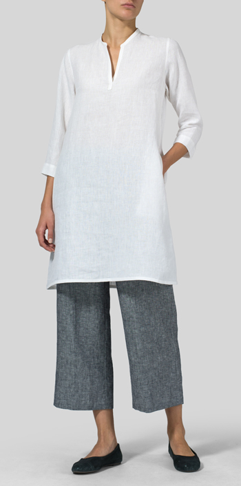 White Linen V-neck Mandarin Collar Tunic