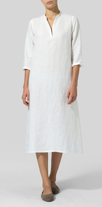 White Linen V-neck Mandarin Collar Dress Tunic