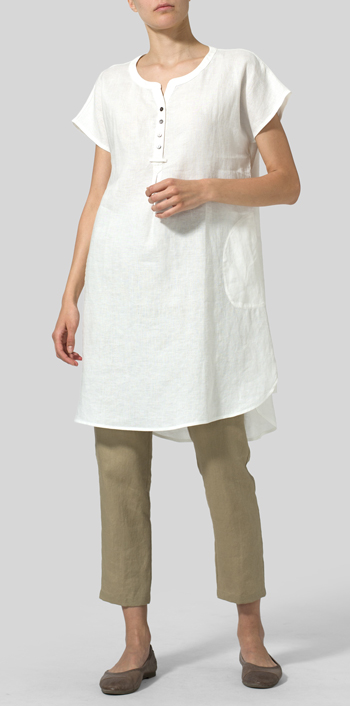 White Linen Split Neck Long Tunics Set