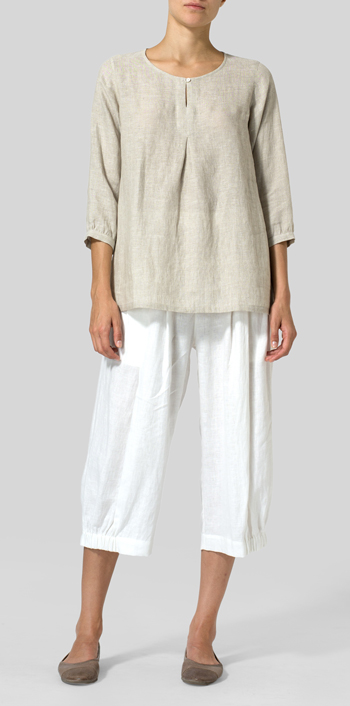 Oat Linen Half Sleeve Inverted Front Pleat Blouse Set