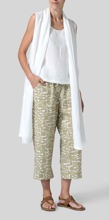 Khaki Print Linen Cropped Pants Set