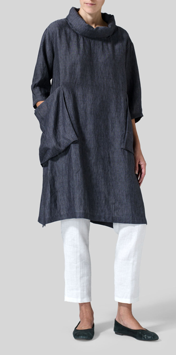 Smokey Blue Gray Linen Cowl Neck Oversized Tunic