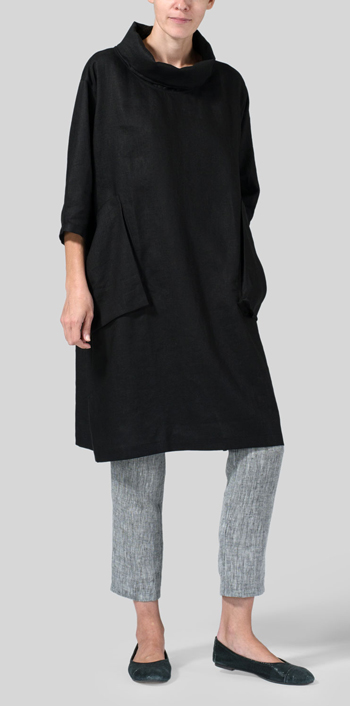 Black Linen Cowl Neck Oversized Tunic
