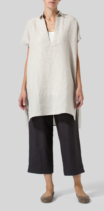 Oat Linen Short Sleeve Deep V-Neck Tunic
