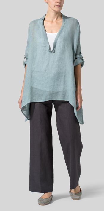 Green Gray Linen Delicate Deep V-neck Overtop