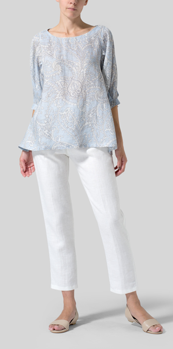 Blue Paisley Waves Linen Pleated Sleeve Top