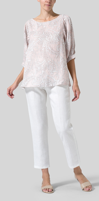 Pink Paisley Waves Linen Pleated Sleeve Top