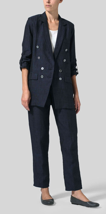 Denim Blue Linen Double-Breasted Roll Sleeve Jacket