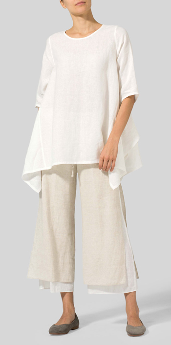 Off White Linen Half Sleeves Handkerchief Hem Tunic