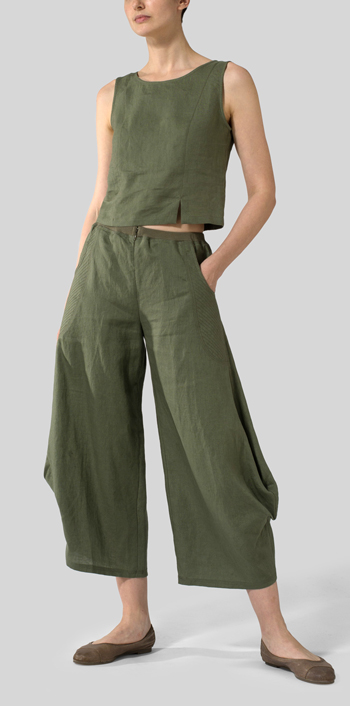 Khaki Green Linen Sleeveless Short Tank Set