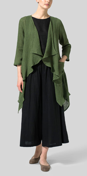 Dark Green Linen Waterfall Open Gauze Jacket